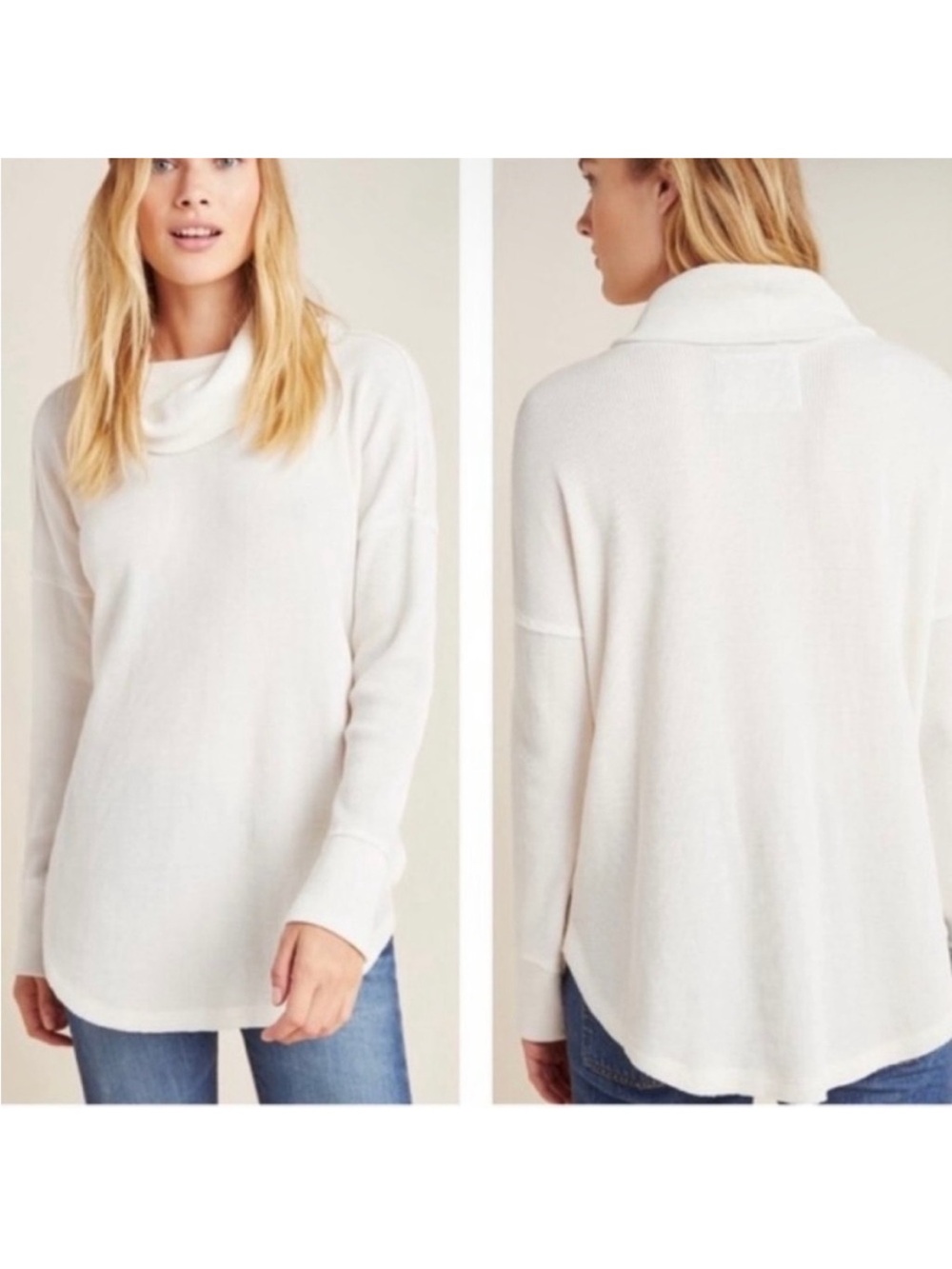 Anthropologie Maeve Ainsley Cowlneck Long Sleeve Waffle Knit Boho Thermal Top M